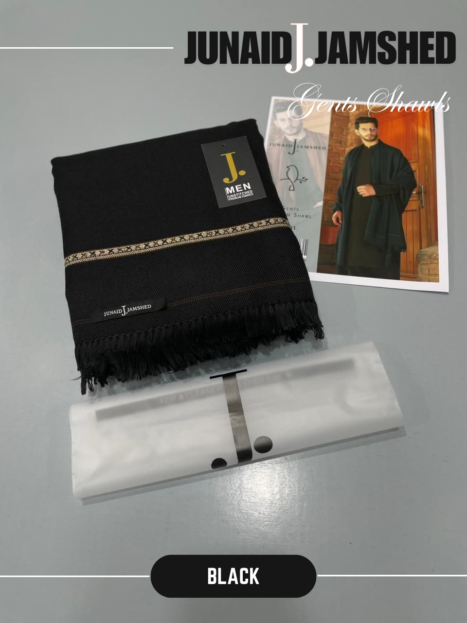 JUNAID JAMSHED- Premium - Gents Wool Shawl – Pure Black