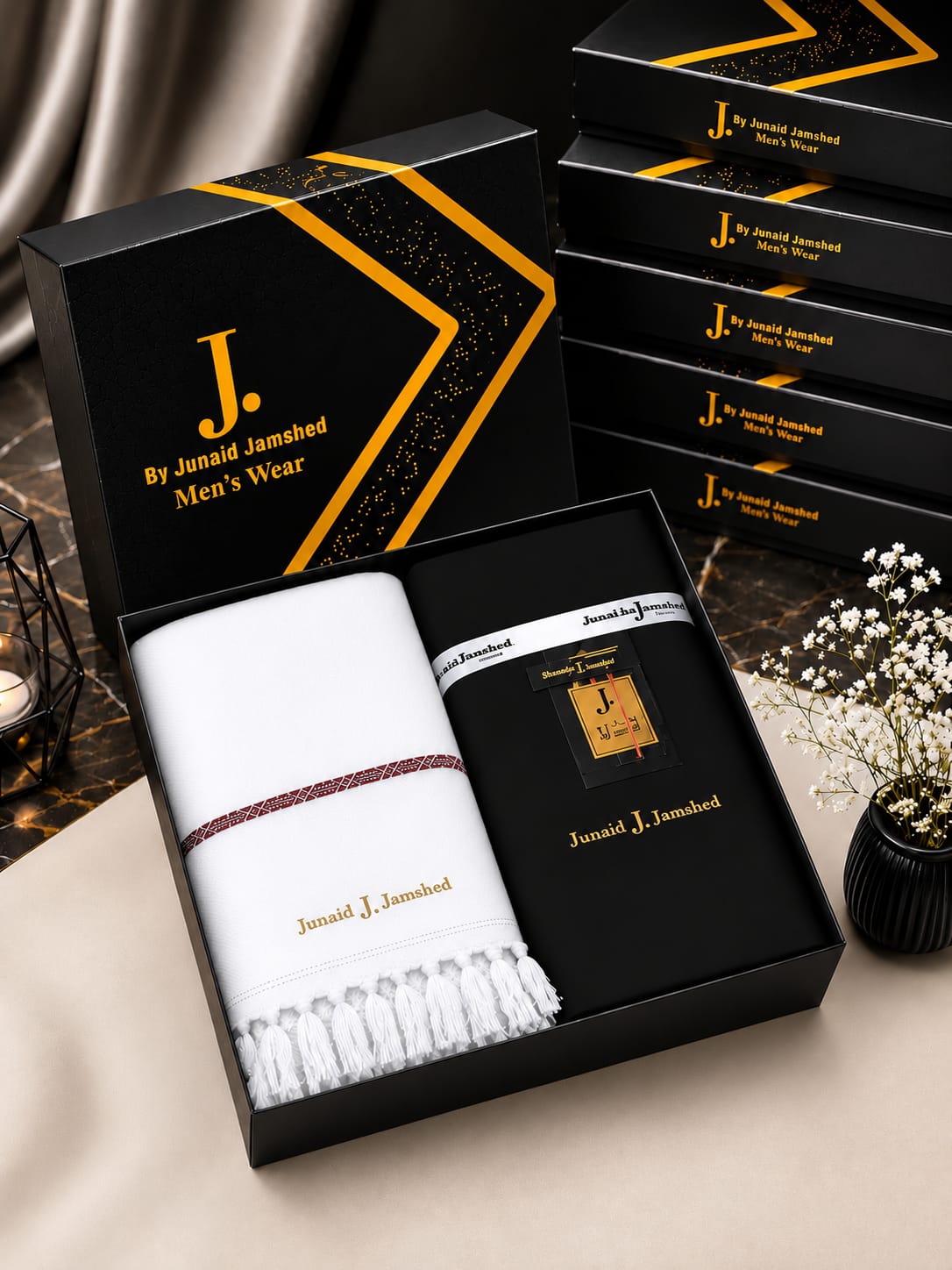 JUNAID JAMSHED ( BLACK W&W SUIT ) & ( WHITE WOOL SHAWL )