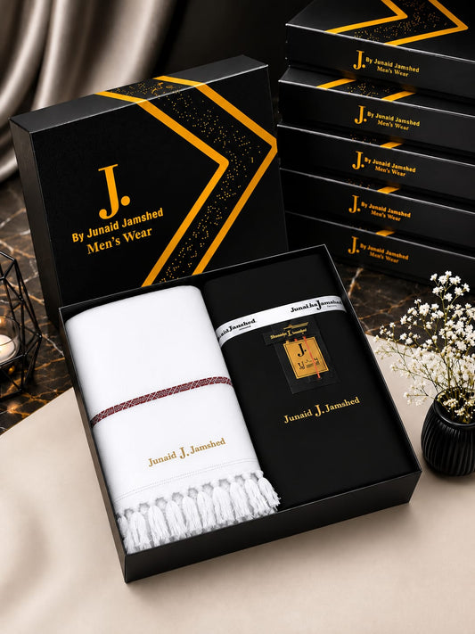JUNAID JAMSHED ( BLACK W&W SUIT ) & ( WHITE WOOL SHAWL )